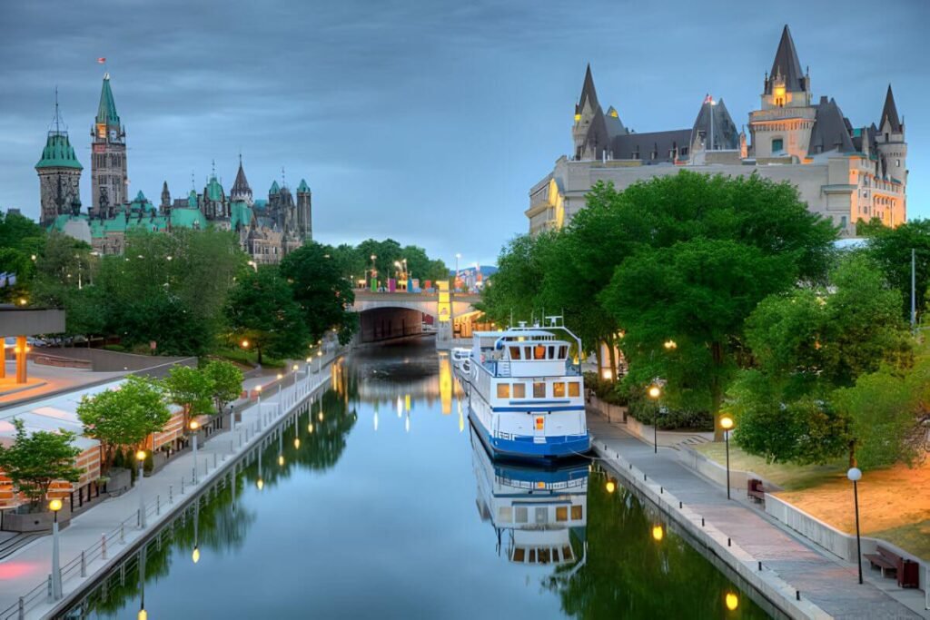 The Rideau Canal in Ottawa, showcasing its transformation from a scenic boating channel in summer to a bustling skating rink in winter.