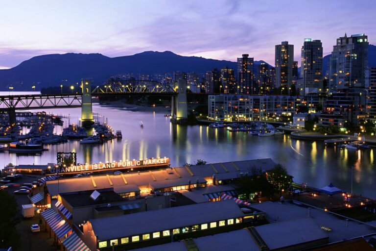 A bustling scene on Granville Island showcasing the public market, artisan shops, lively theaters, and local breweries.