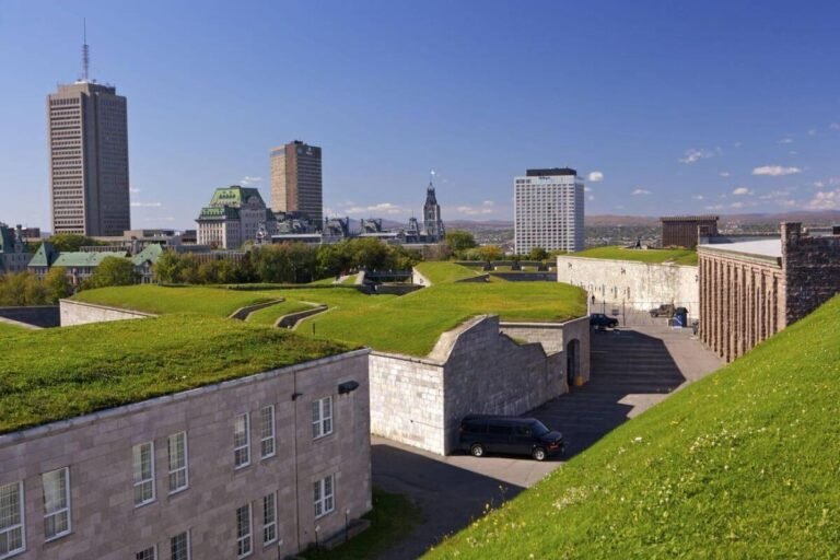 The star-shaped La Citadelle fortress in Quebec City, with soldiers performing the Changing of the Guard ceremony.