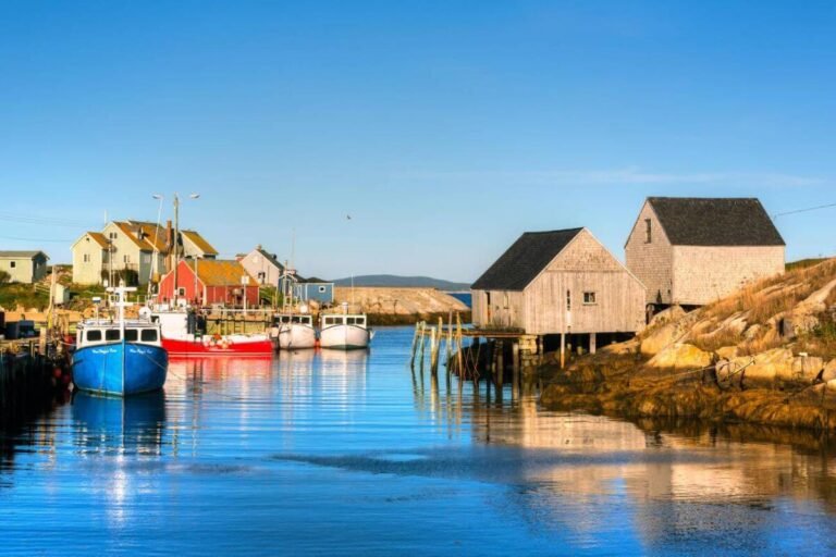 Peggy's Cove with its iconic lighthouse perched on granite rocks